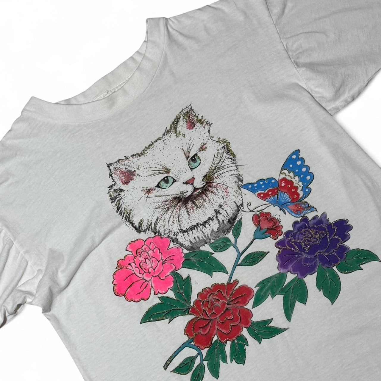 Vintage 90s Glitter Graphic Kitty Cat Kitten Flower Retro Tee