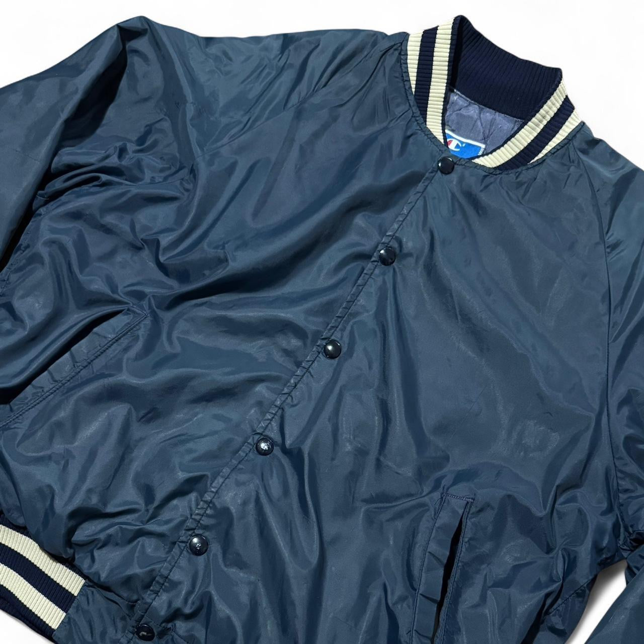 80s Navy Blue Distressed Champion Snap Bomber Varsity