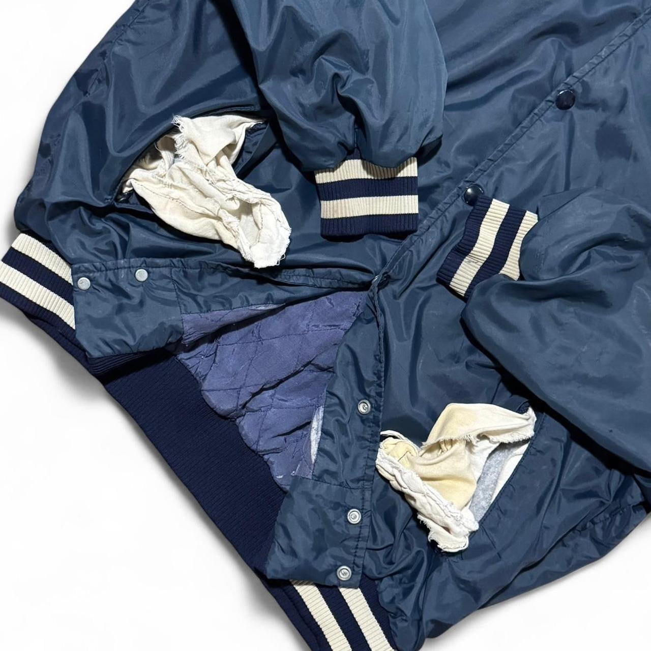 80s Navy Blue Distressed Champion Snap Bomber Varsity