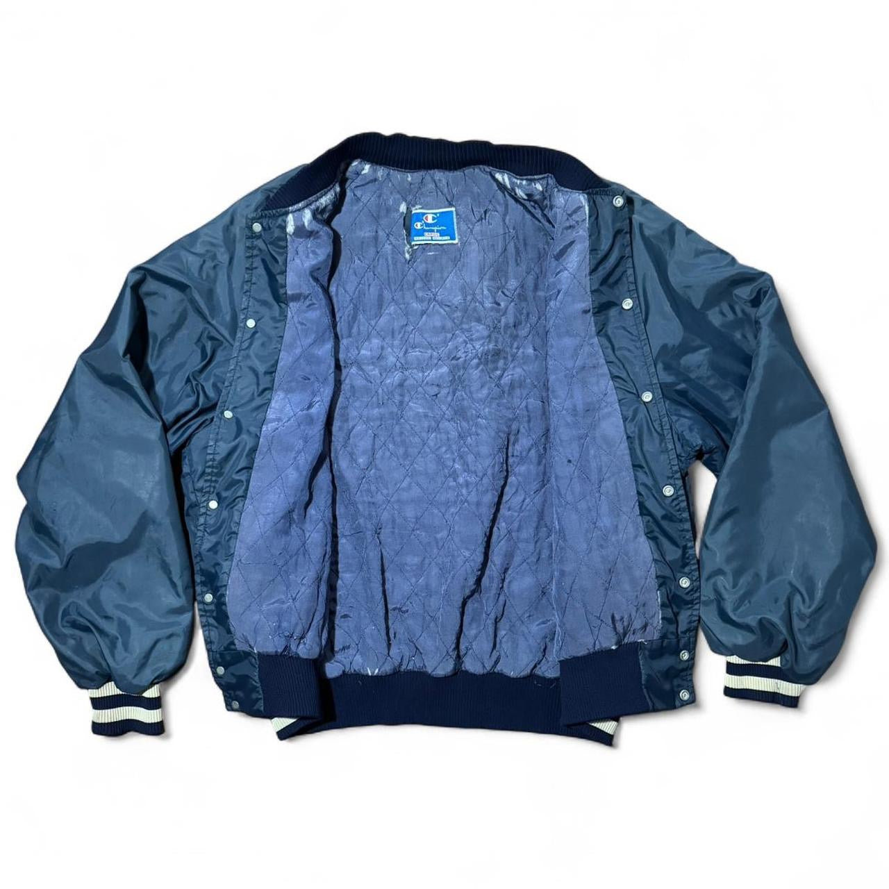 80s Navy Blue Distressed Champion Snap Bomber Varsity