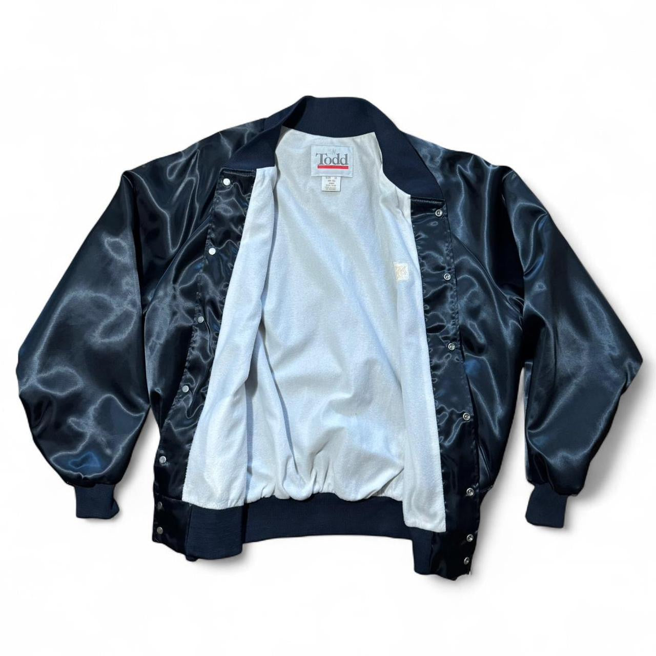 80s Old Ontario Navy Blue Satin Nylon Bomber Jacket