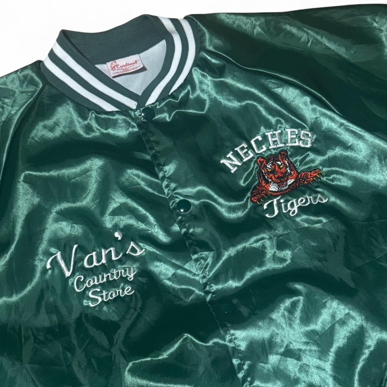 80s Green Satin Neches Tigers Varsity Bomber Jacket
