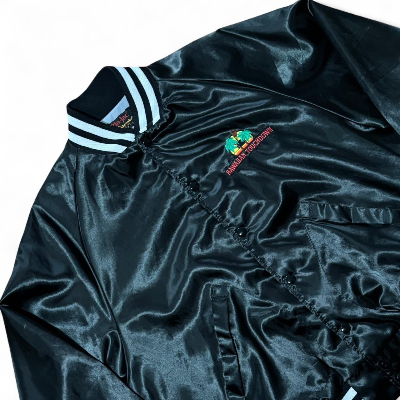 80s Black Nylon Varsity Hawaiian Touchdown Embroidered Button Up Jacket