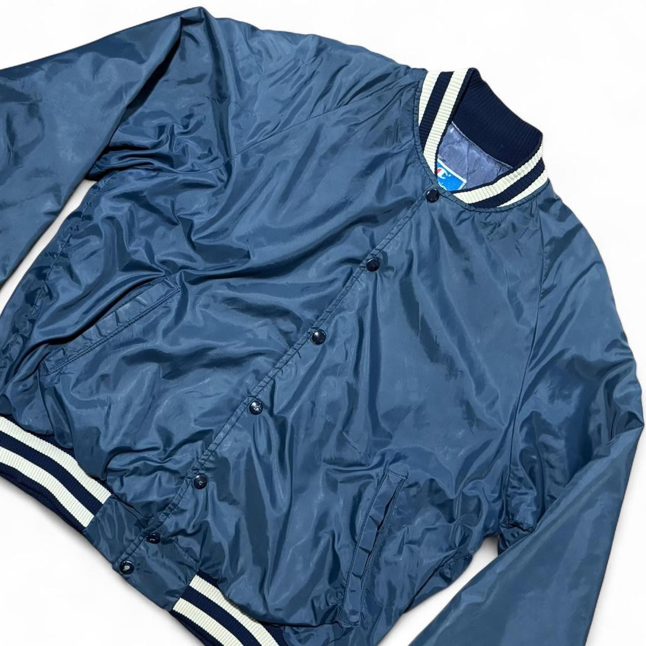 80s Navy Blue Distressed Champion Snap Bomber Varsity