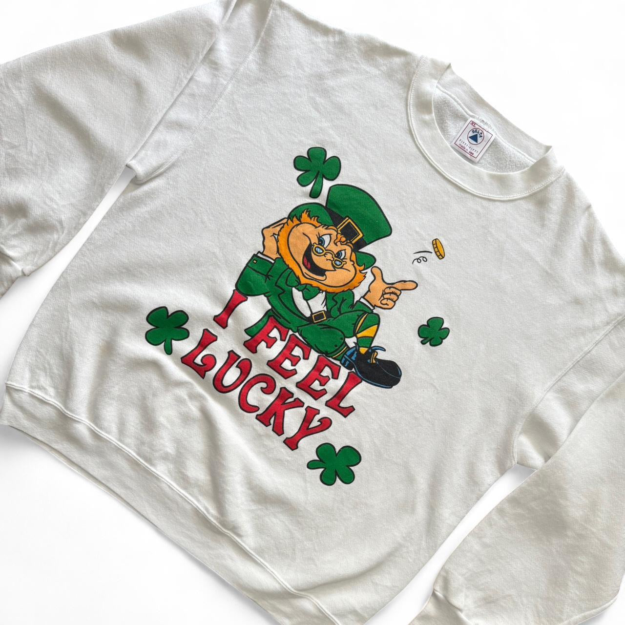 90s "I Feel Lucky" Irish Leprechaun Clover Crewneck