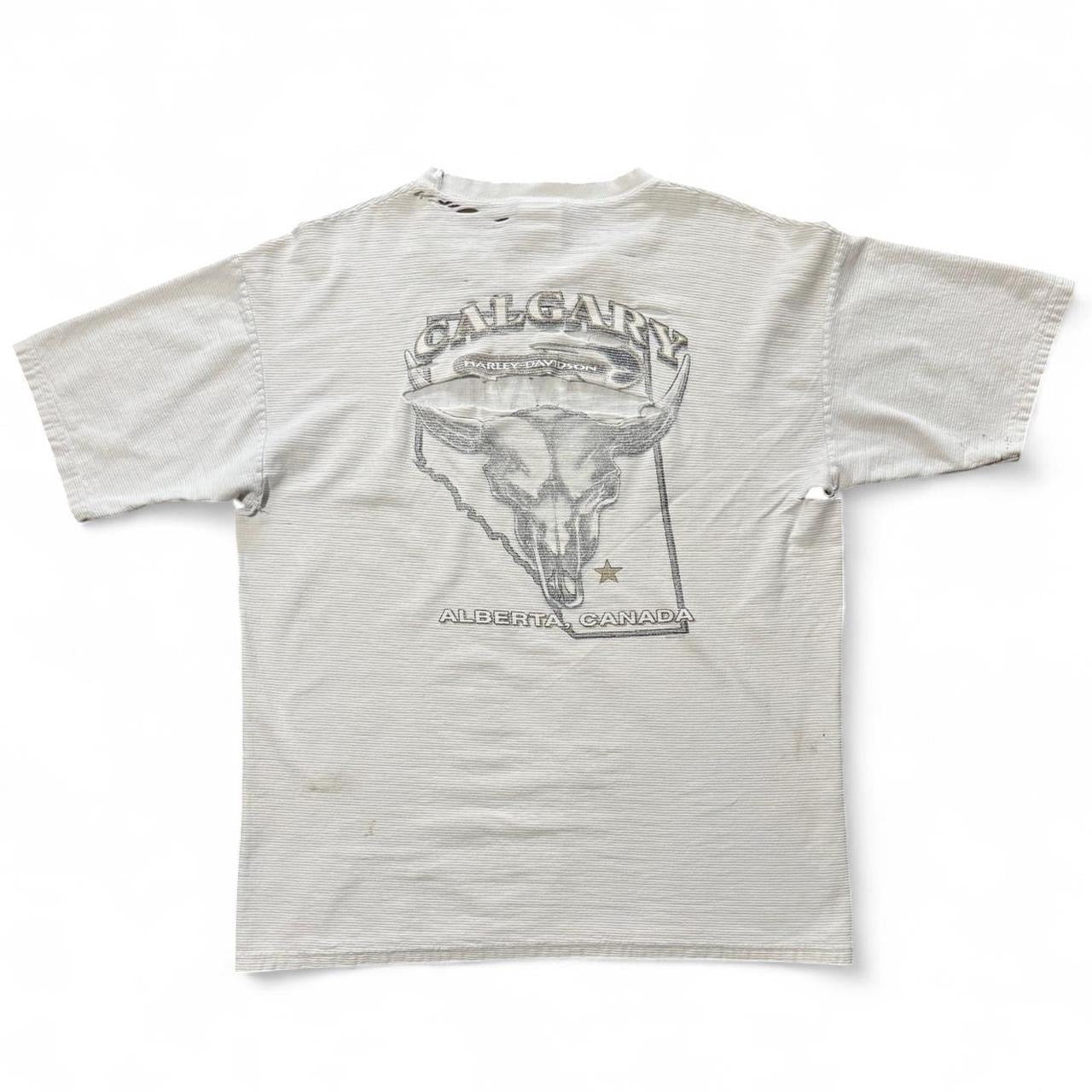 90s Thrashed Harley Davidson Calgary Alberta Grey Ribbed Tee