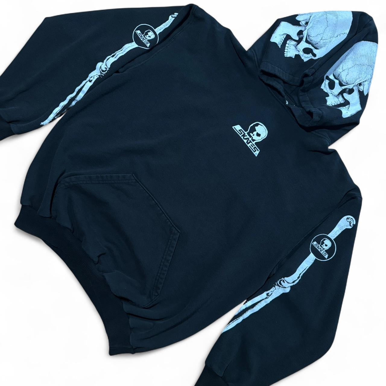 Rare Vintage Y2K Skull Skates Skeleton Sleeve Graphic Pullover Hoodie