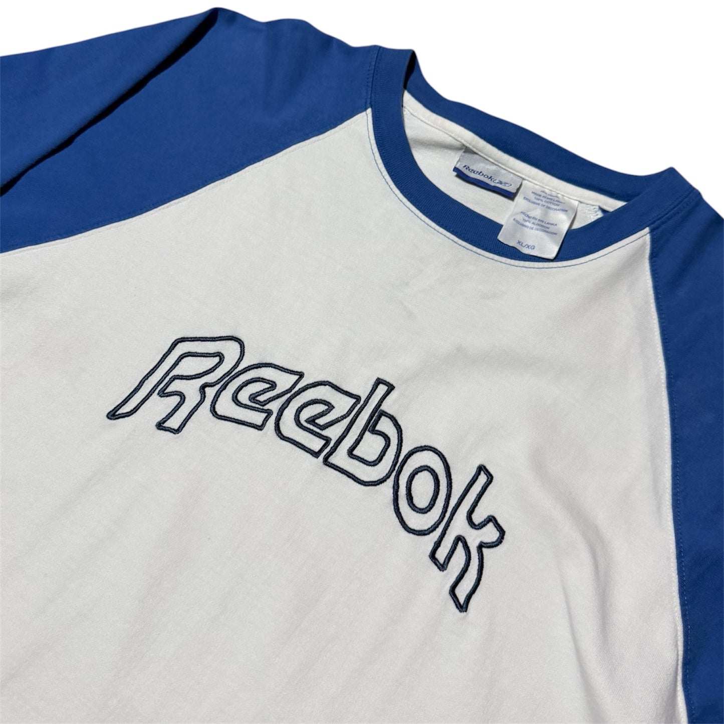 Y2K Reebok White Blue Embroidered Spellout Logo Raglan Baseball T-Shirt