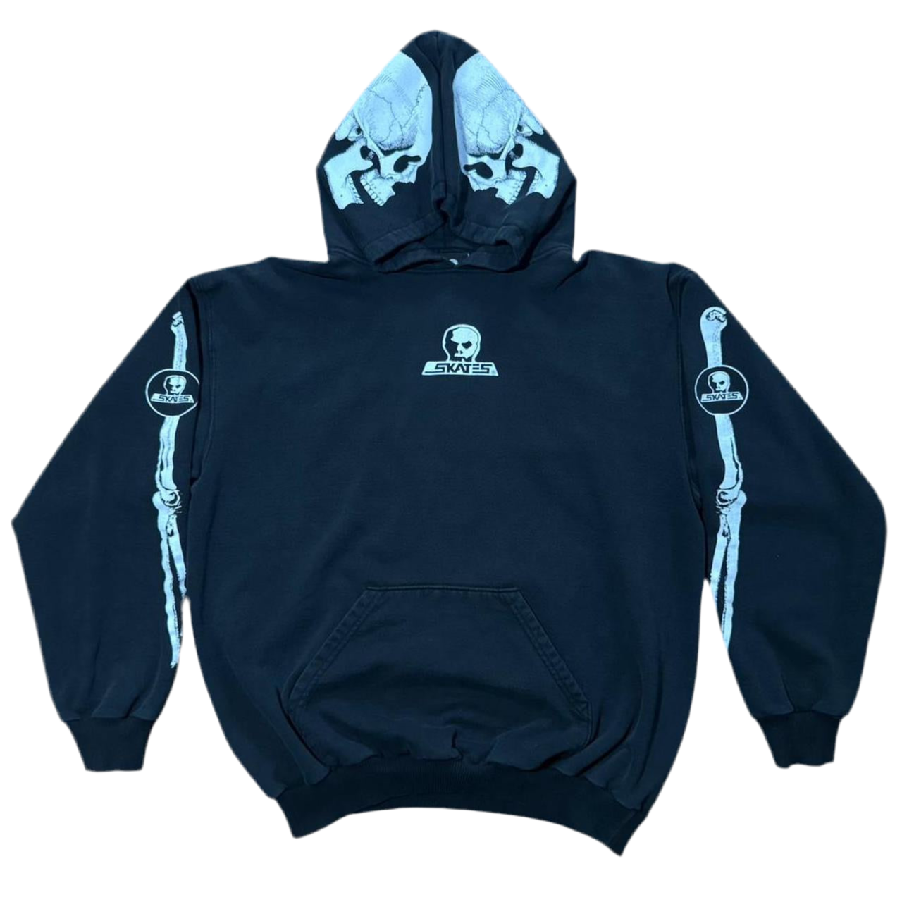 Rare Vintage Y2K Skull Skates Skeleton Sleeve Graphic Pullover Hoodie