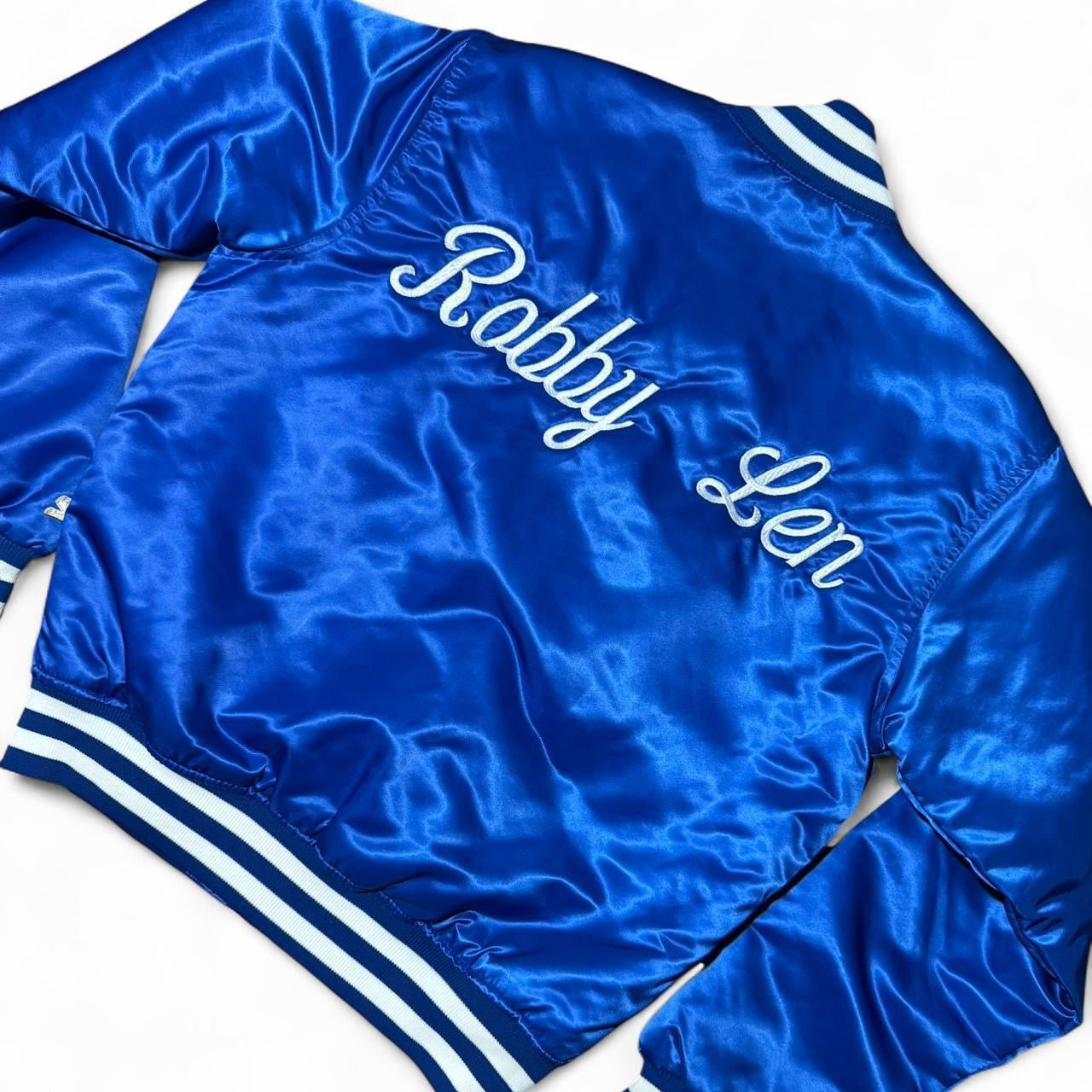 80s Satin Blue Embroidered ‘Robby Len’ Starter Varsity Jacket