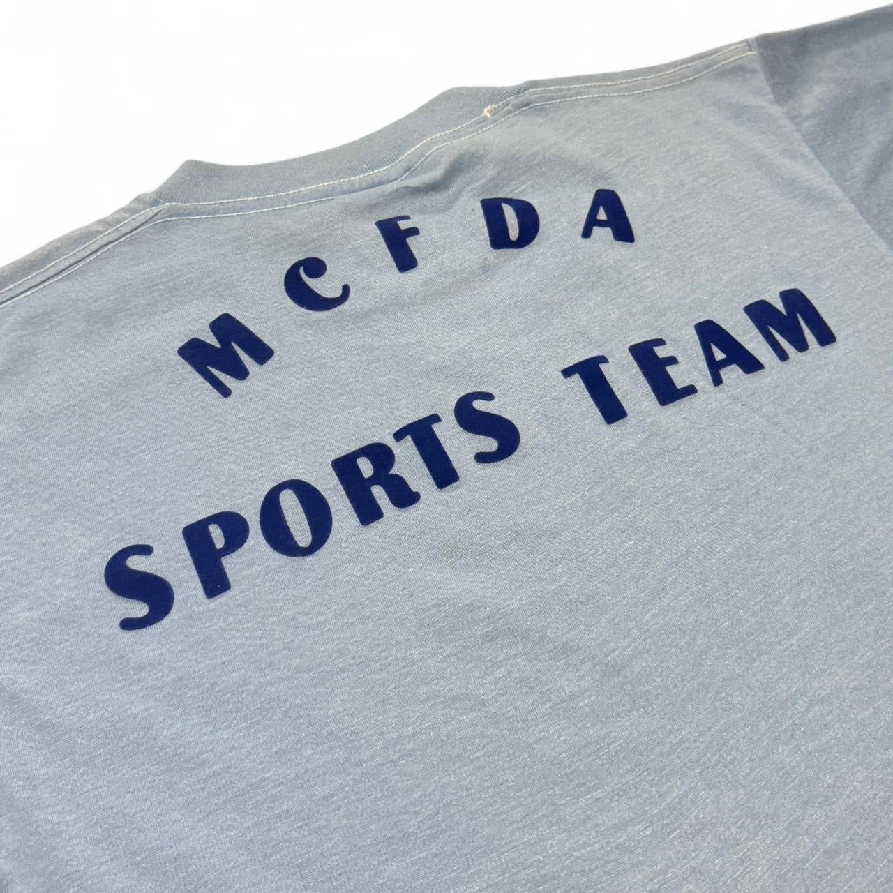 70s Baby Blue Felt Print MCFDA Sports Team Firefighters Joyce Tee