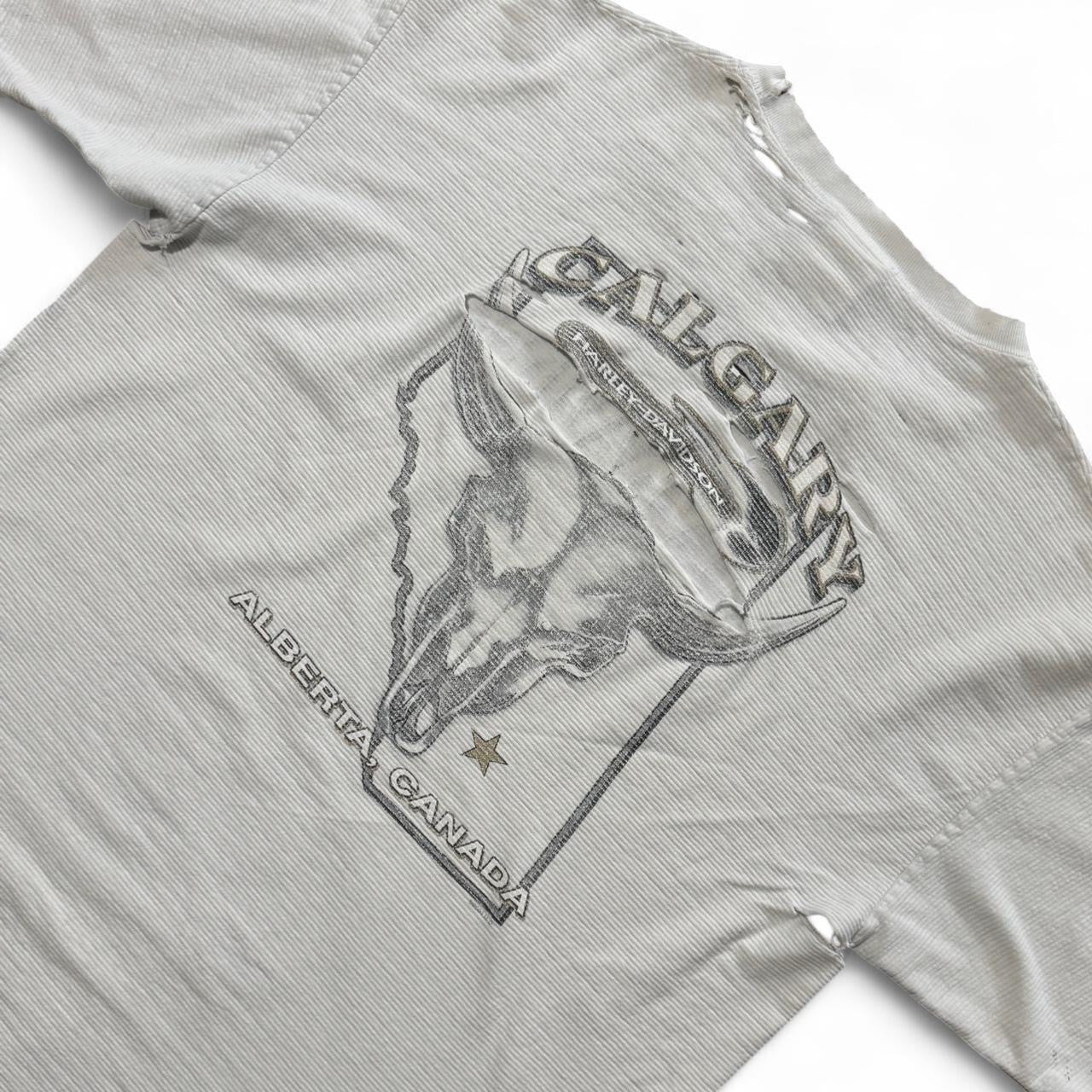 90s Thrashed Harley Davidson Calgary Alberta Grey Ribbed Tee