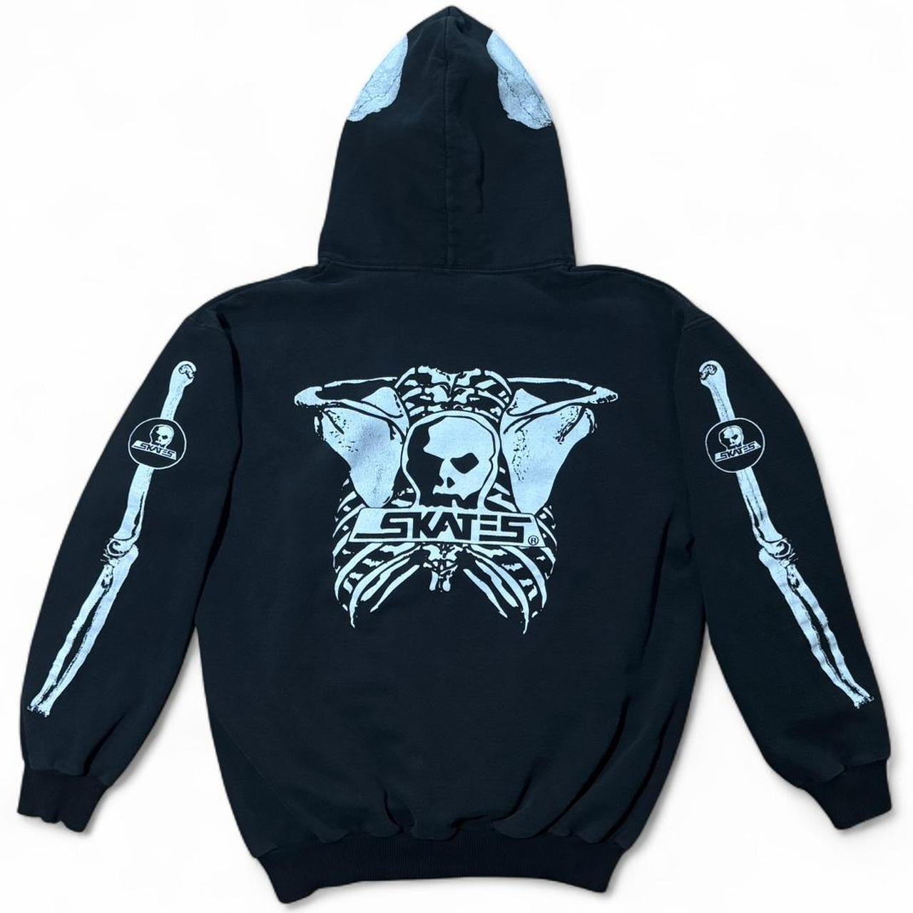 Rare Vintage Y2K Skull Skates Skeleton Sleeve Graphic Pullover Hoodie