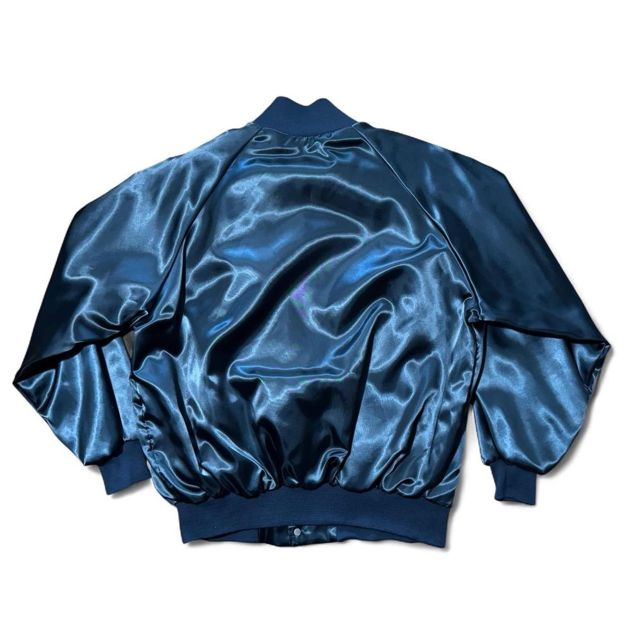 80s Old Ontario Navy Blue Satin Nylon Bomber Jacket
