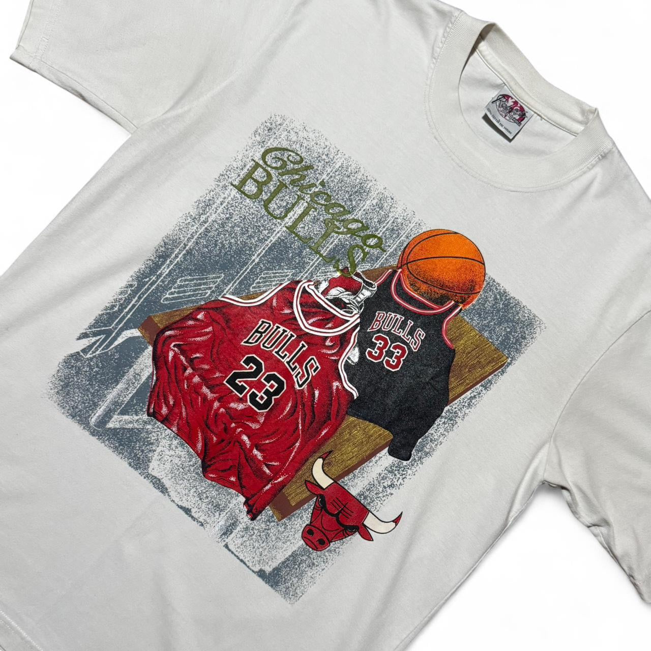 1990s Chicago Bulls Michael Jordan and Scottie Pippen NBA Glow in the Dark Basketball Retired Numbers Tee