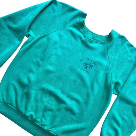80s Pannill Daytona Beach Florida USA Teal Raglan Surf Palm Tree Sweater