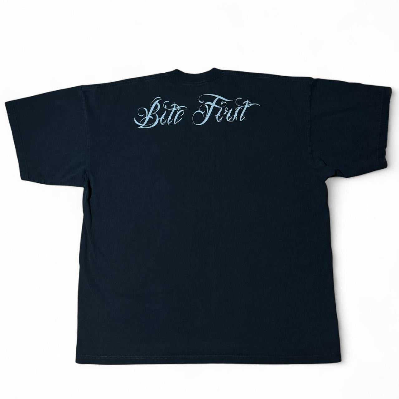 Vintage Y2K Pitbull Tattoo Babe Dog ‘Bite First’ Script Tee
