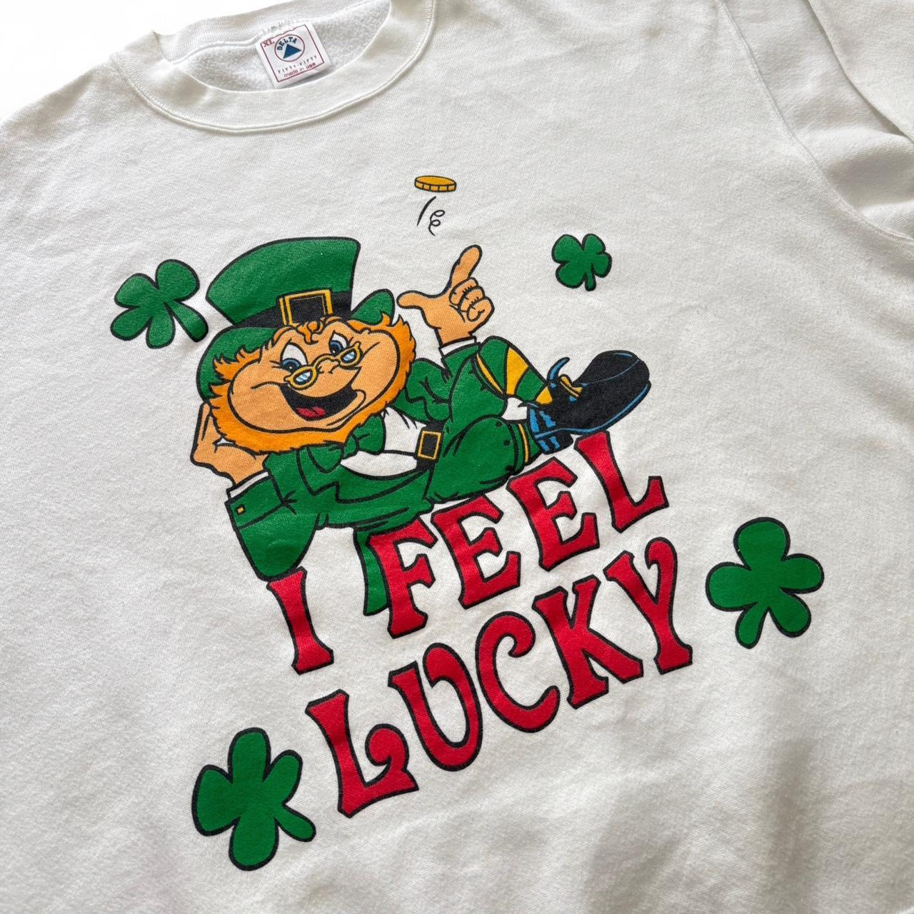 90s "I Feel Lucky" Irish Leprechaun Clover Crewneck