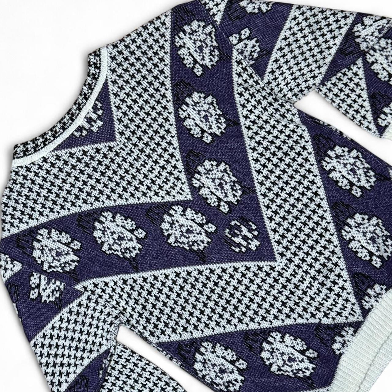 90s Purple Floral Acrylic Knit Retro Grandma 3/4 Sleeve Sweater