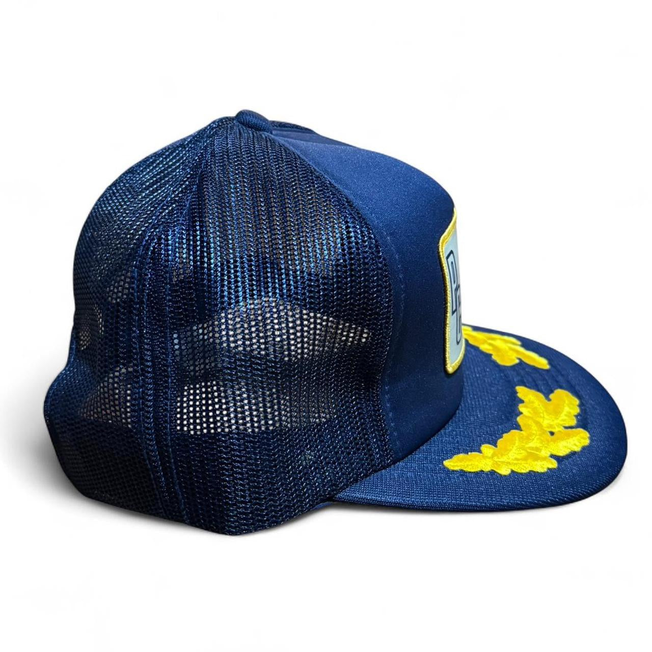 Vintage 80s Navy Gold Leaf PC Reman Trucker Mesh SnapBack Cap