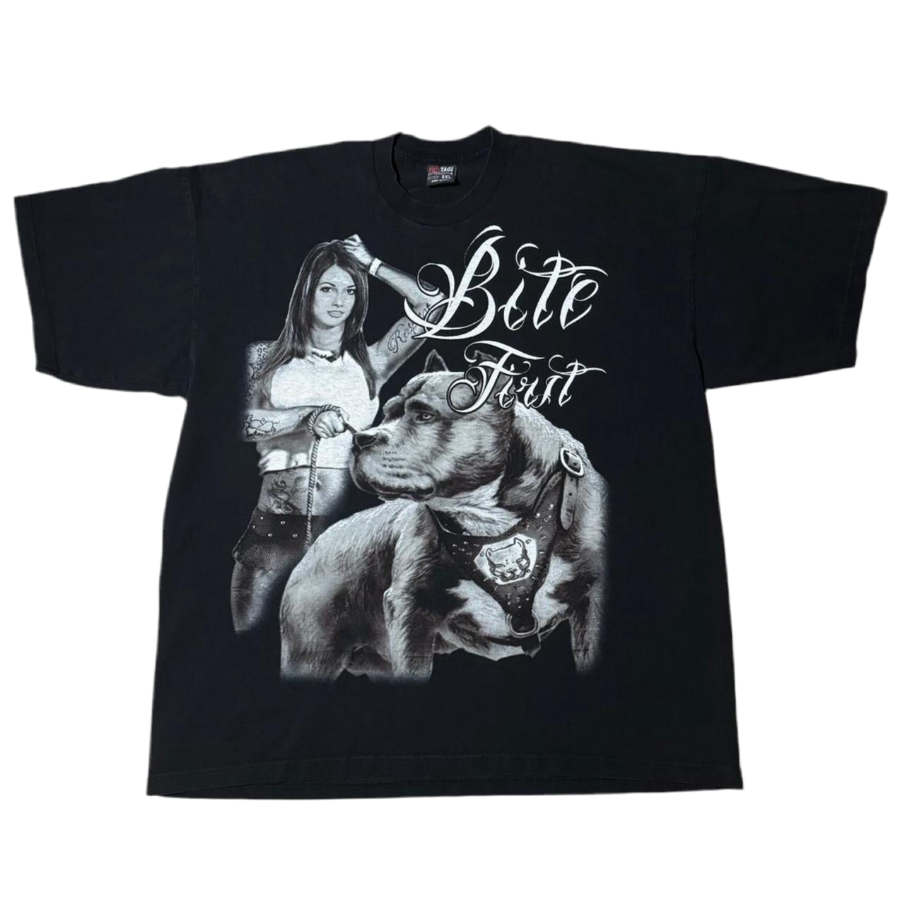Vintage Y2K Pitbull Tattoo Babe Dog ‘Bite First’ Script Tee