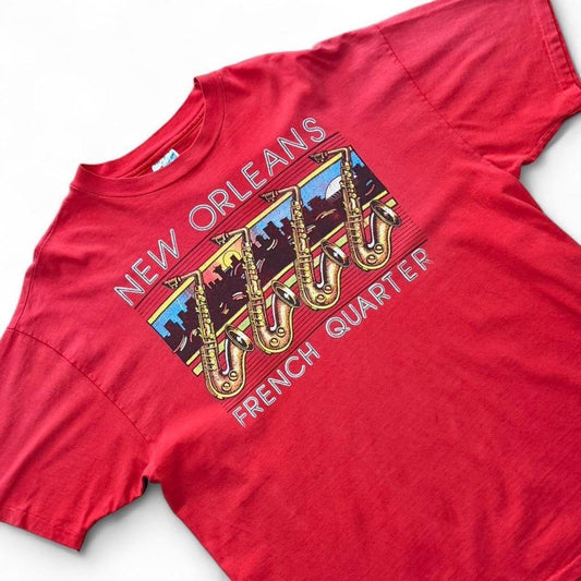 Vintage 90s New Orleans USA French Quarter Saxophone Jazz Graphic Red T-Shirt