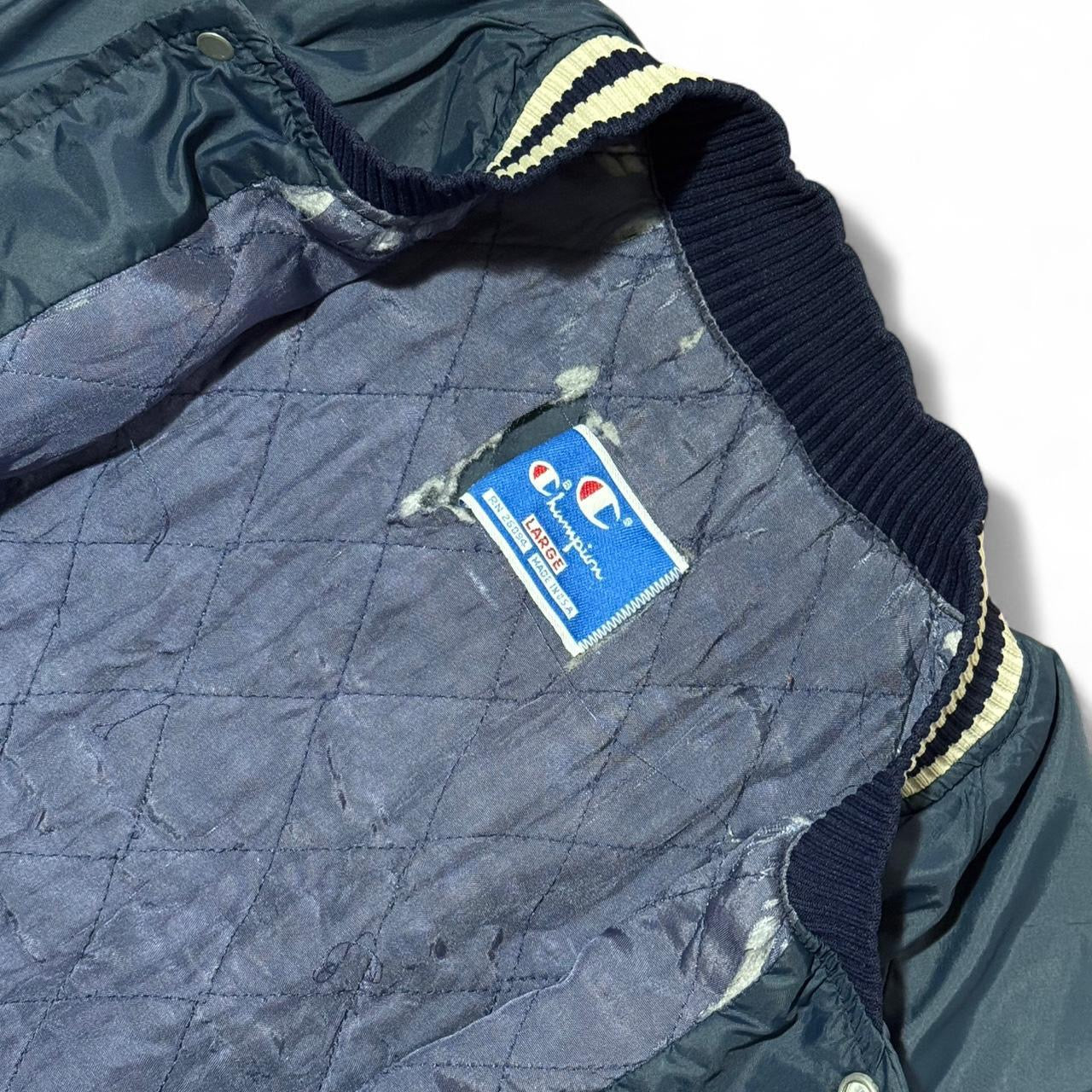 80s Navy Blue Distressed Champion Snap Bomber Varsity