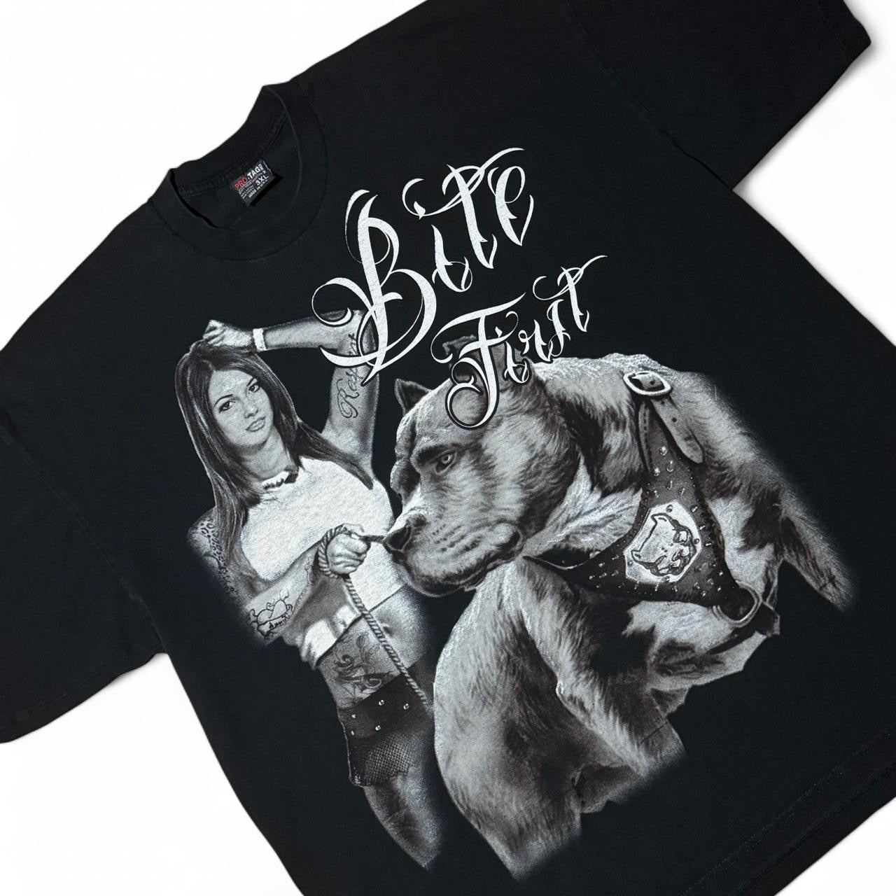 Vintage Y2K Pitbull Tattoo Babe Dog ‘Bite First’ Script Tee