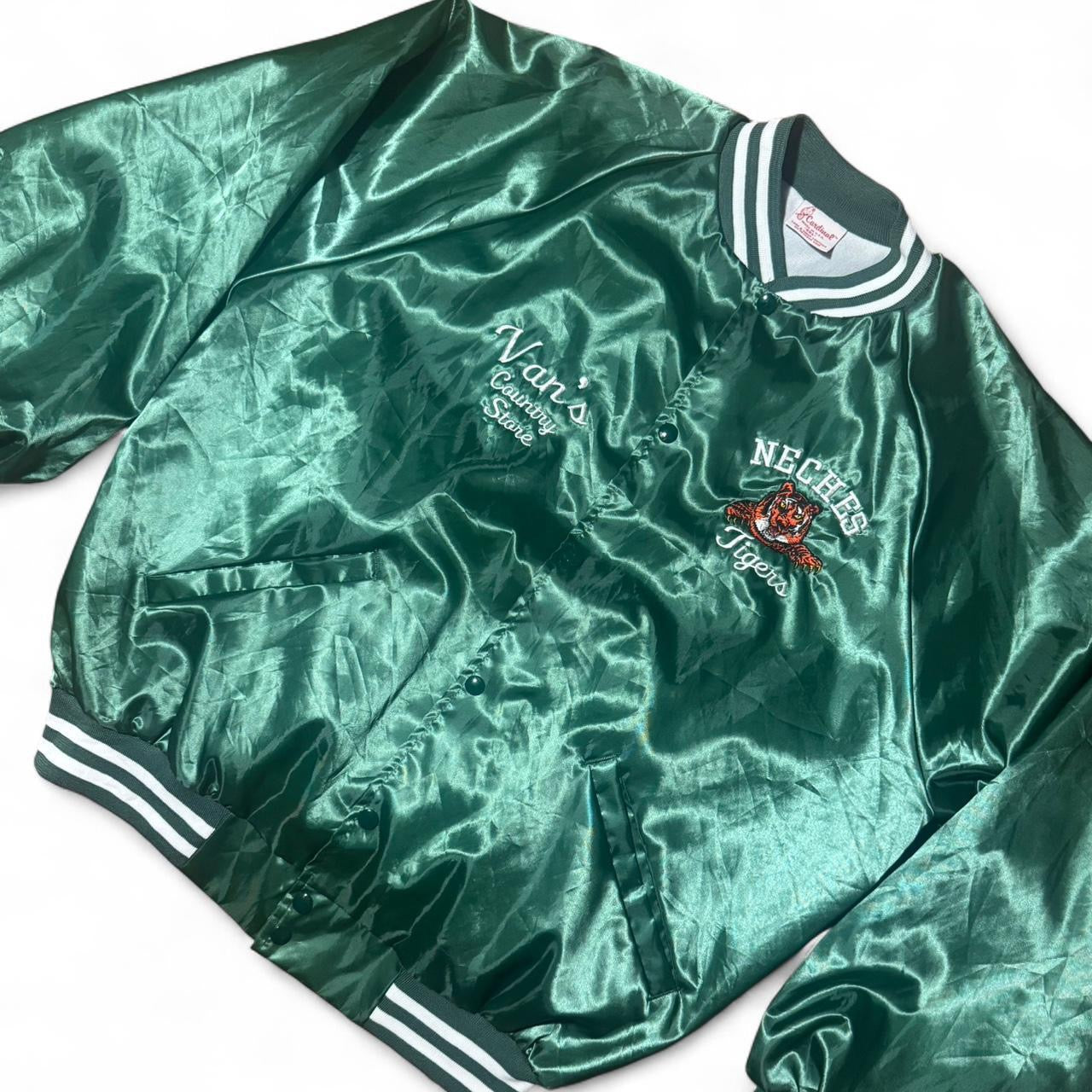 80s Green Satin Neches Tigers Varsity Bomber Jacket