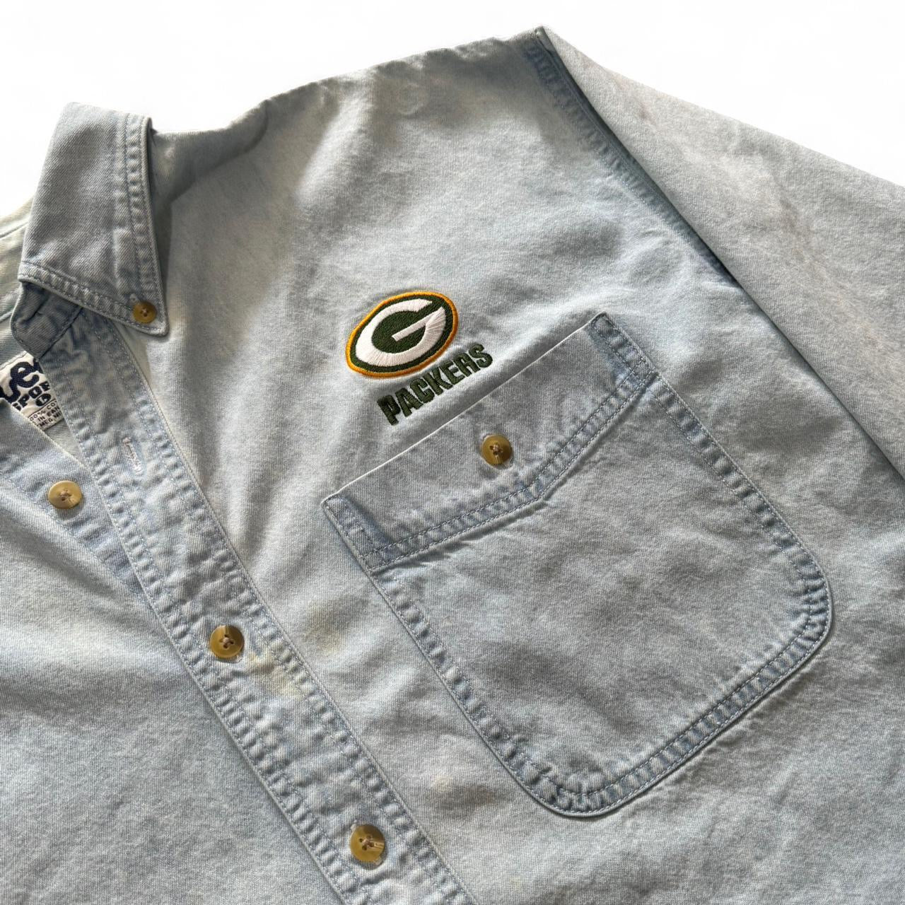 Vintage 90s NFL Green Bay Packers Football Blue Button Up Denim Shirt