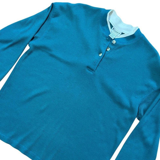 90s Teal Waffle Knit Henley Floral Trim Layer Collar Thermal Long Sleeve