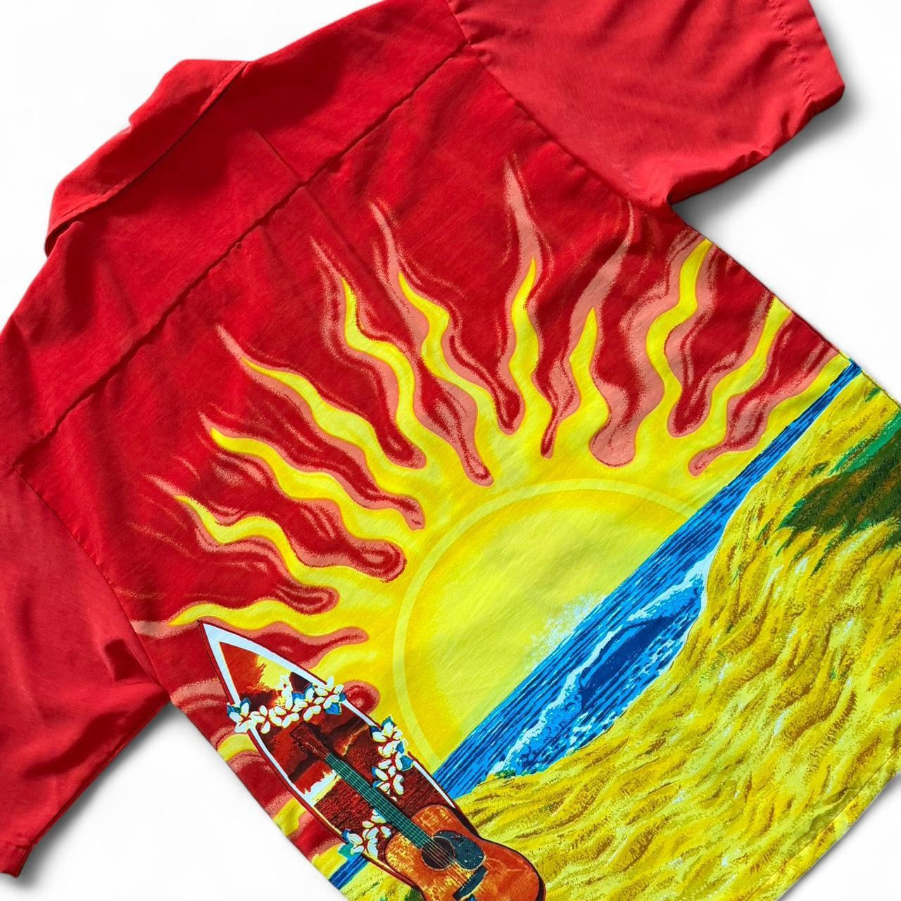 Vintage 90s Red Hawaiian Aloha Surf Button Up AOP Graphic Beach Shirt