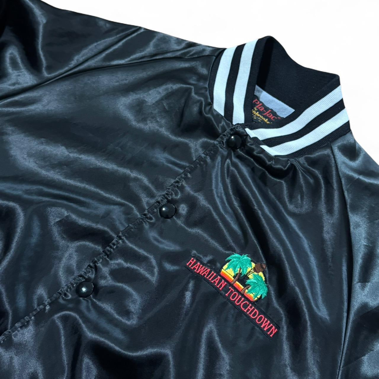 80s Black Nylon Varsity Hawaiian Touchdown Embroidered Button Up Jacket