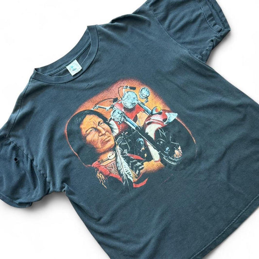 90s Aboriginal Native Chief Motorcycle Biker Distressed Faded T-shirt