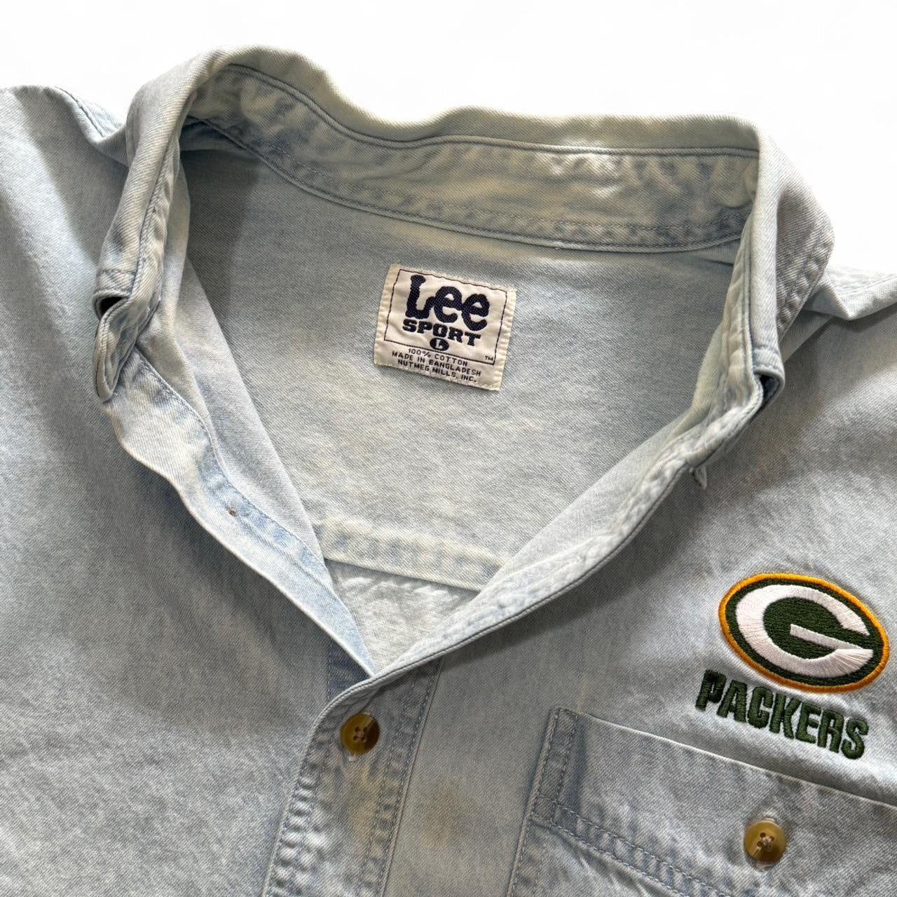Vintage 90s NFL Green Bay Packers Football Blue Button Up Denim Shirt