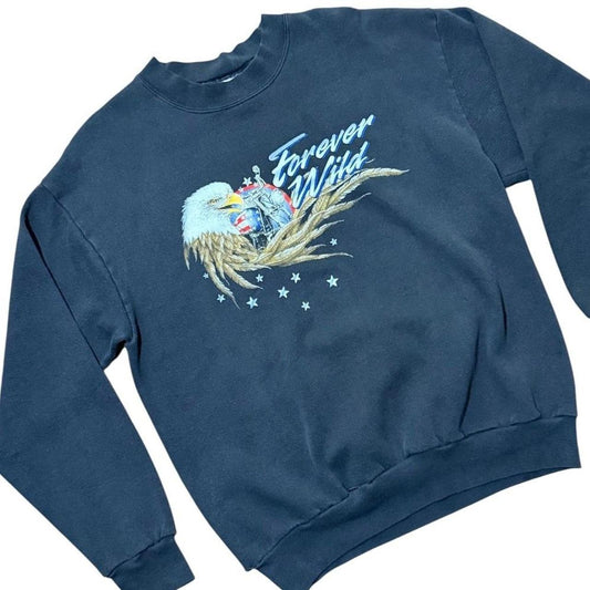 90s Forever Wild Eagle Biker USA Motorcycle Art Graphic Crewneck Sweater