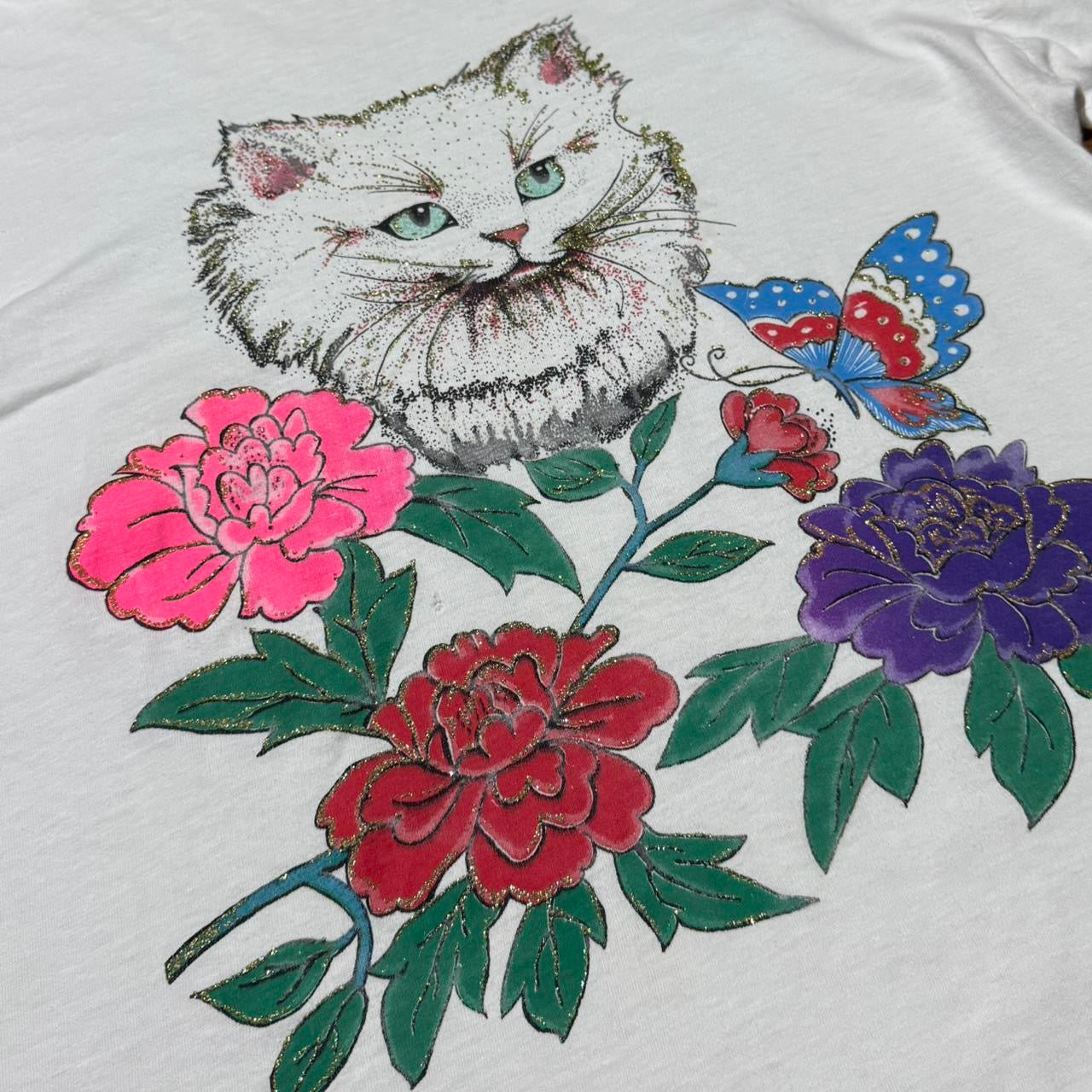 Vintage 90s Glitter Graphic Kitty Cat Kitten Flower Retro Tee