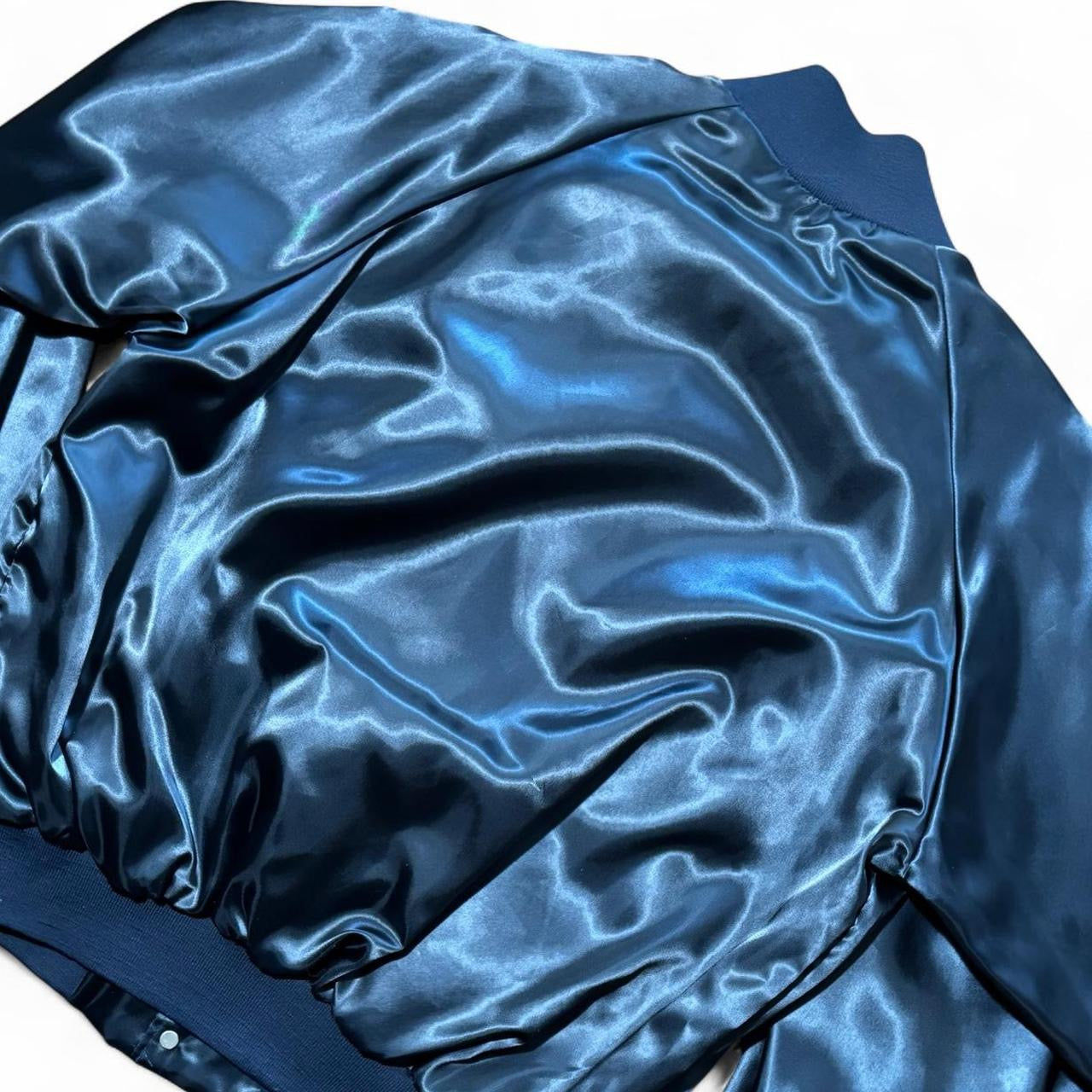 80s Old Ontario Navy Blue Satin Nylon Bomber Jacket