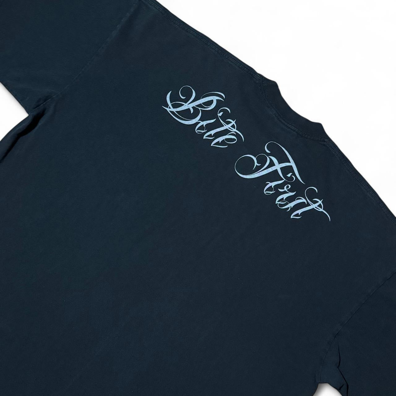 Vintage Y2K Pitbull Tattoo Babe Dog ‘Bite First’ Script Tee