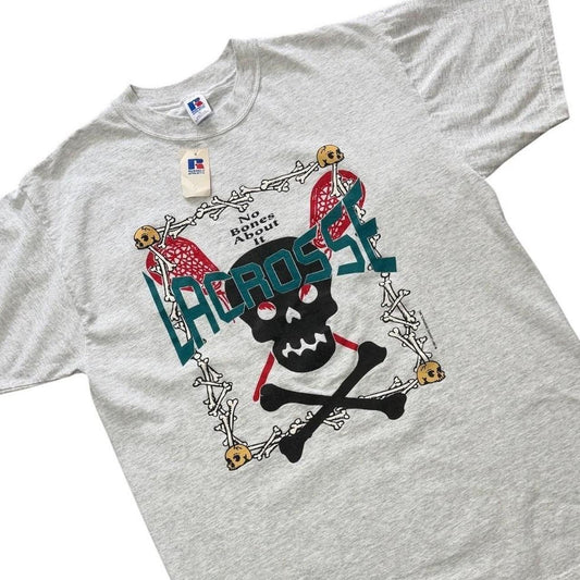 90s Deadstock Lacrosse Skull Cross Bones Sports Graphic Art NWT T-Shirt