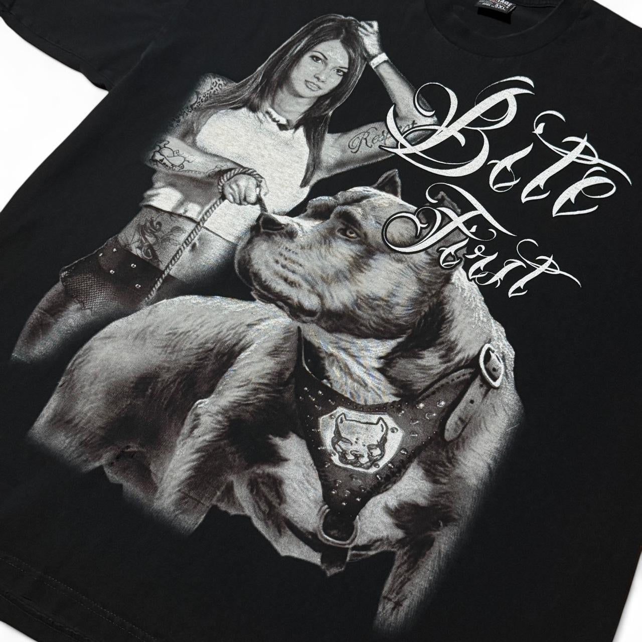 Vintage Y2K Pitbull Tattoo Babe Dog ‘Bite First’ Script Tee