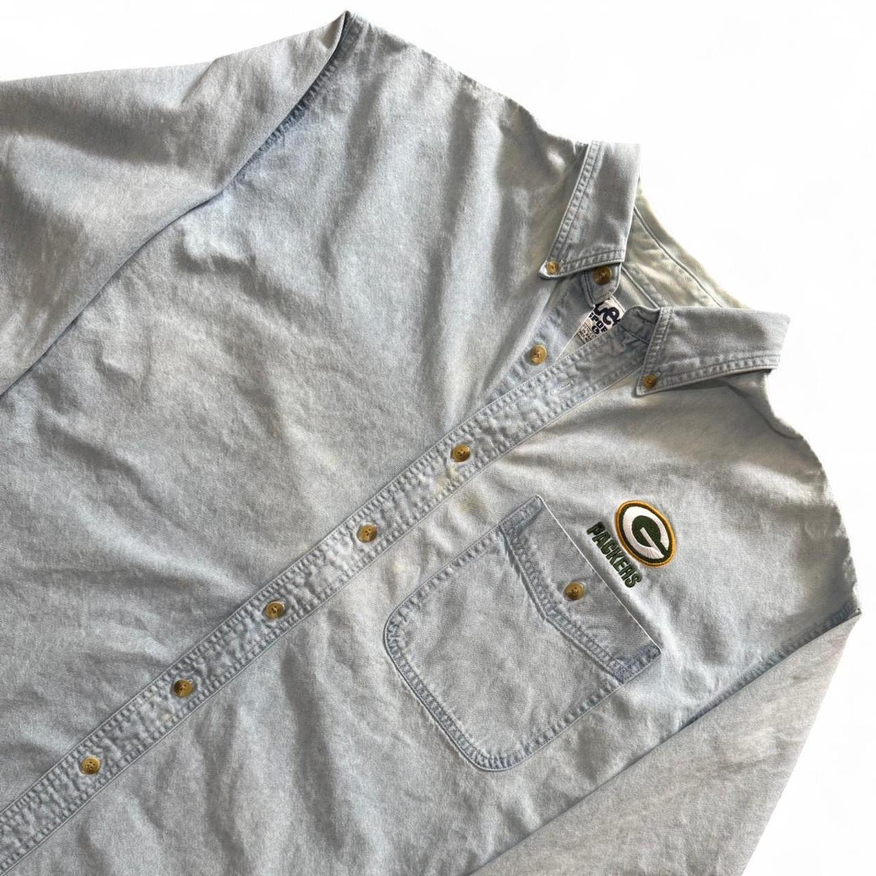 Vintage 90s NFL Green Bay Packers Football Blue Button Up Denim Shirt