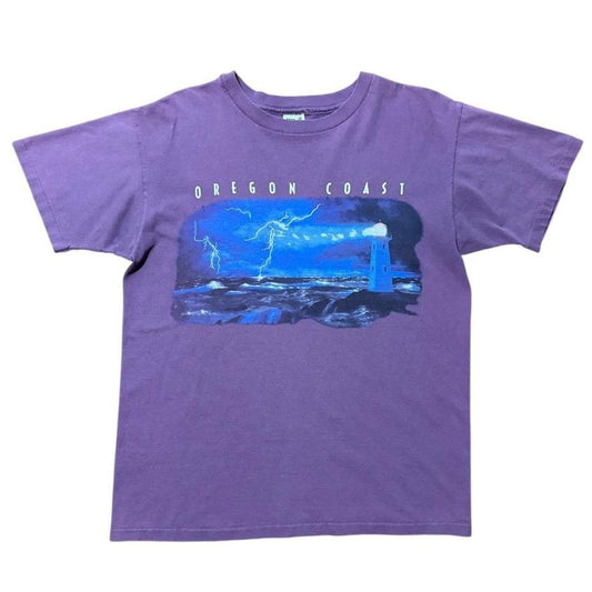 90s Oregon West Coast Lighthouse Lightning Storm Ocean Graphic T-shirt