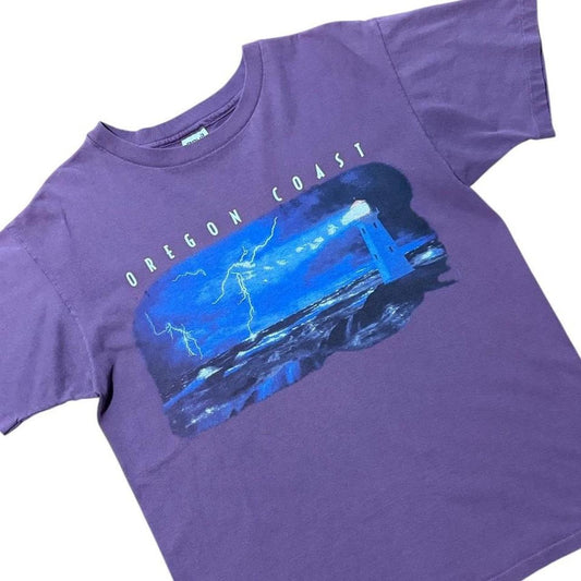 90s Oregon West Coast Lighthouse Lightning Storm Ocean Graphic T-shirt