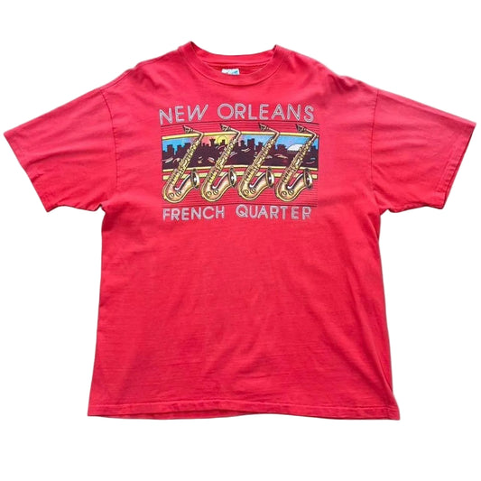 Vintage 90s New Orleans USA French Quarter Saxophone Jazz Graphic Red T-Shirt