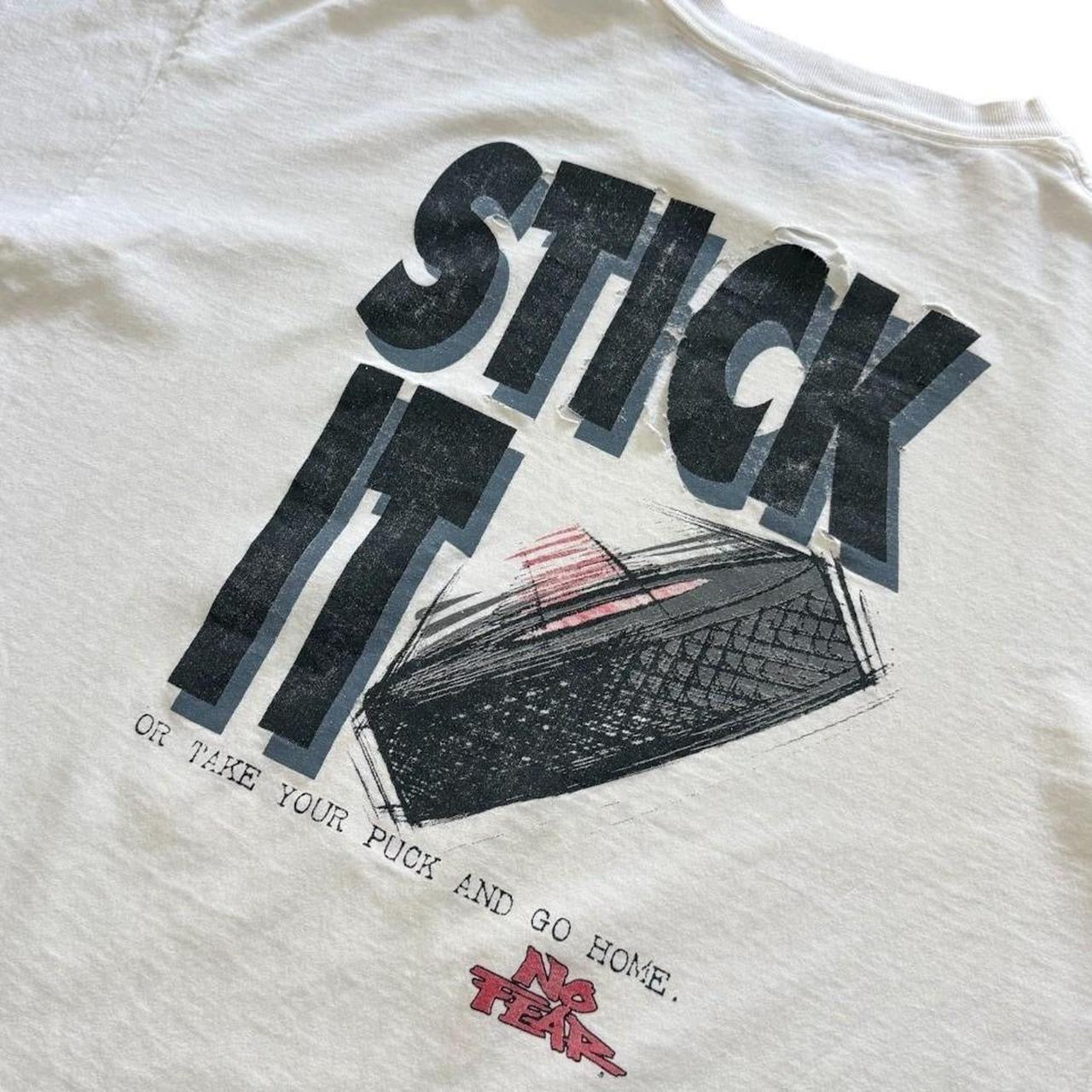 90s No Fear Stick It Hockey Puck Art Distressed Sports Graphic T-shirt