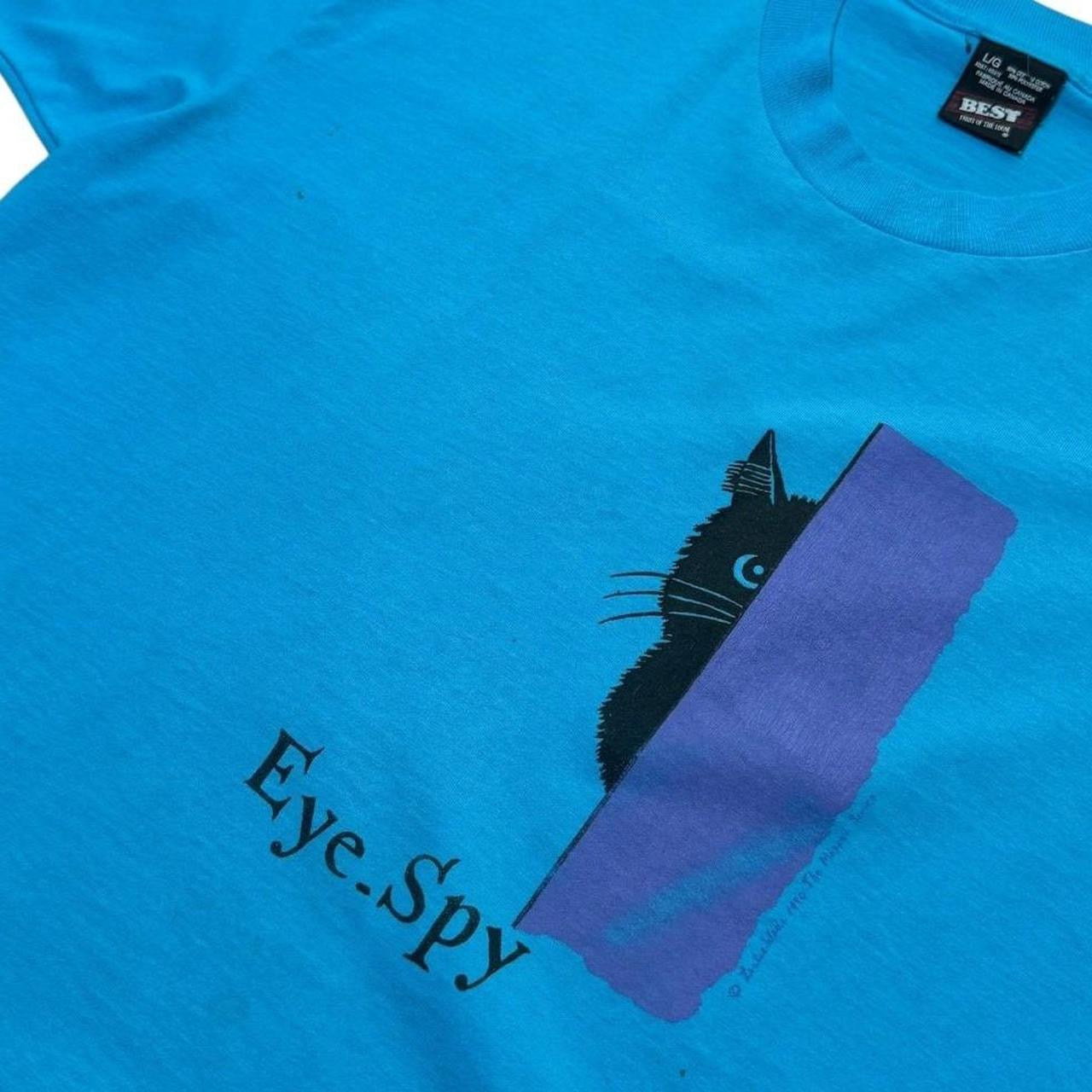 90s Eye Spy Black Kitty Cat Cute Animal Art Baby Blue Graphic T-shirt