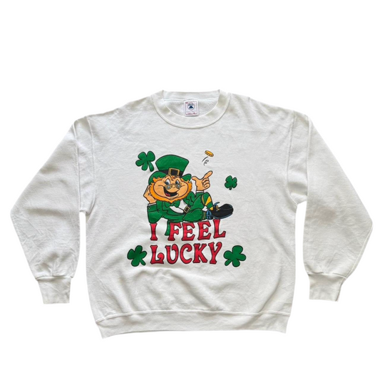 90s "I Feel Lucky" Irish Leprechaun Clover Crewneck