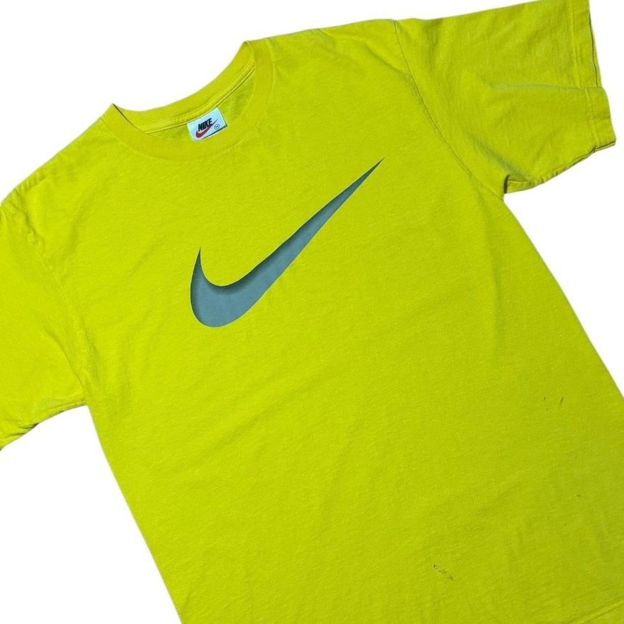 90s Nike 3D Swoosh Logo Neon Yellow Graphic Sports USA Made T-shirt