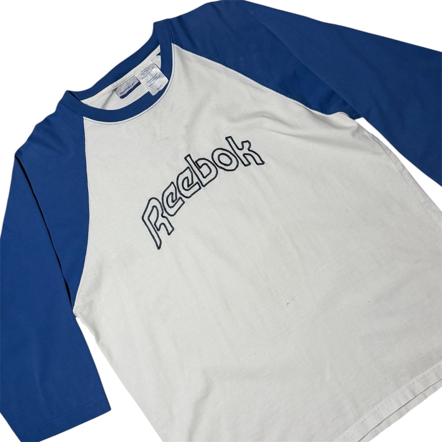 Y2K Reebok White Blue Embroidered Spellout Logo Raglan Baseball T-Shirt